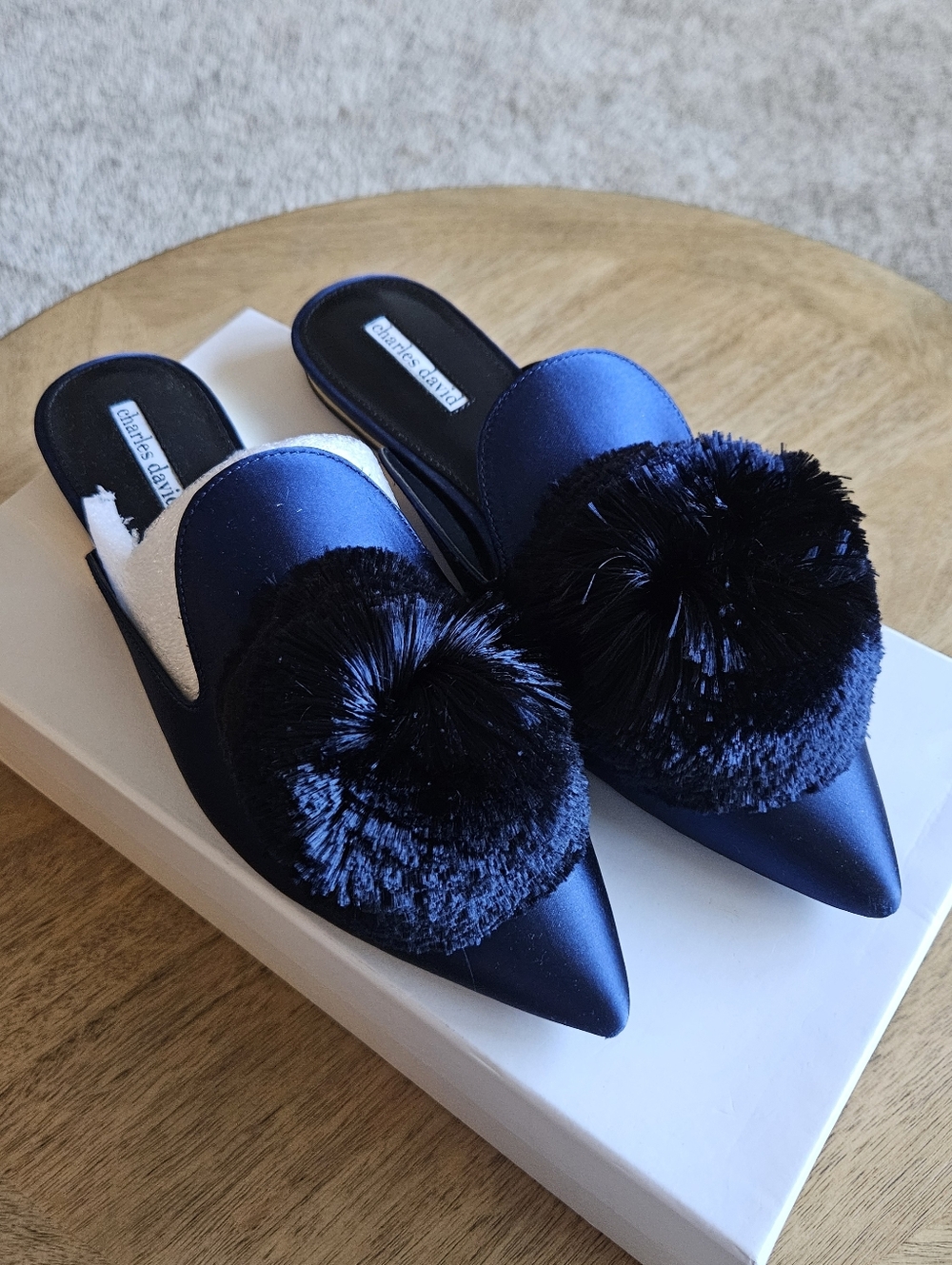 Charles David Wella Navy Satin Pointed Pom-Pom Slide Mules